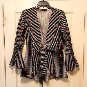 Blouse/Jacket, black&white Stripes. Lip Print Accents. Front Tie & Bell Sleeves